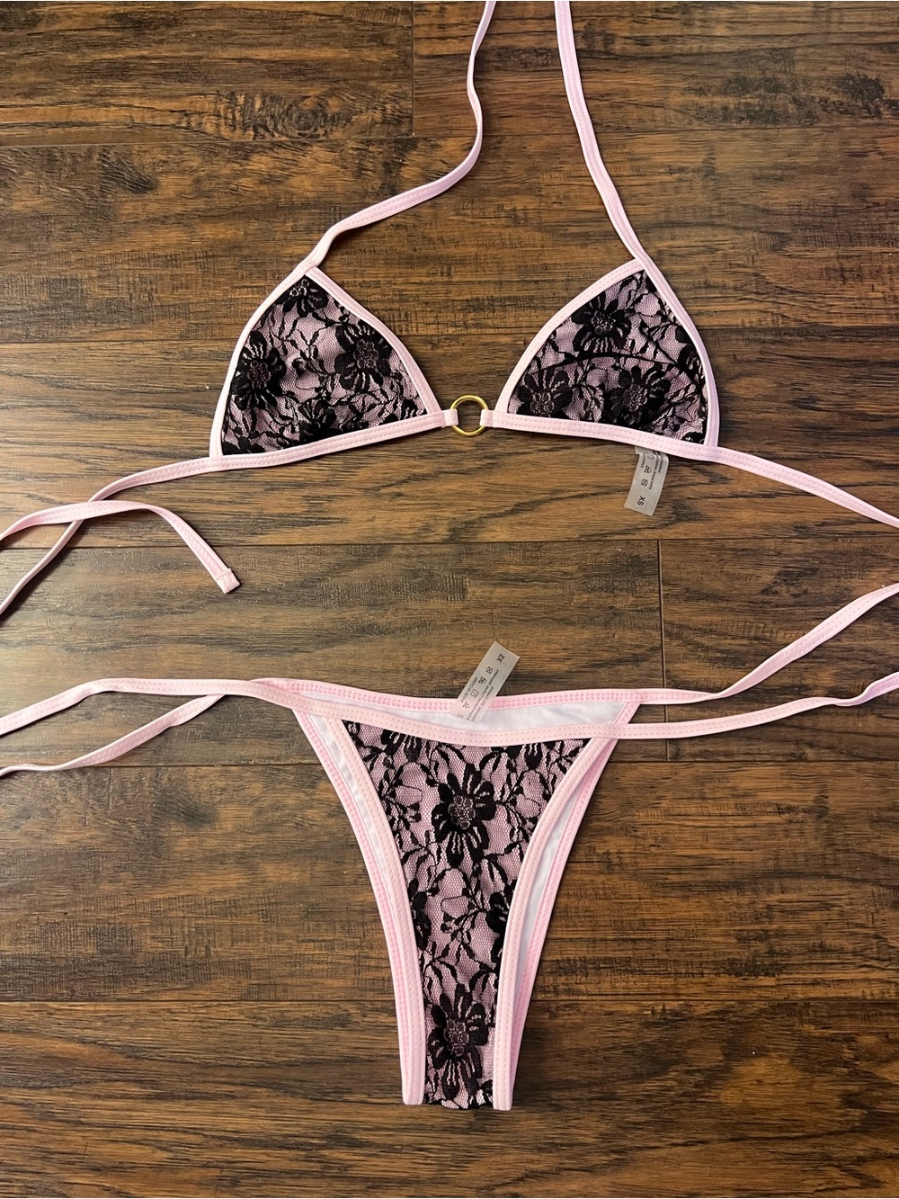 SHEIN Pink and Black Lace Triangle Bikini Set